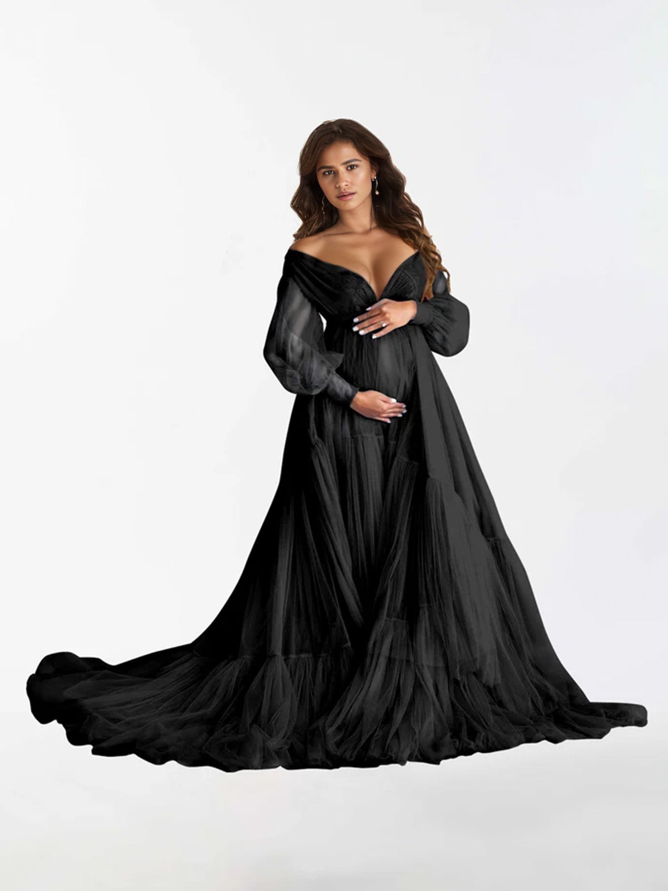 Abito Premaman A Maniche Lunghe Con Volant E Scollo A V Per Fotografia RB3