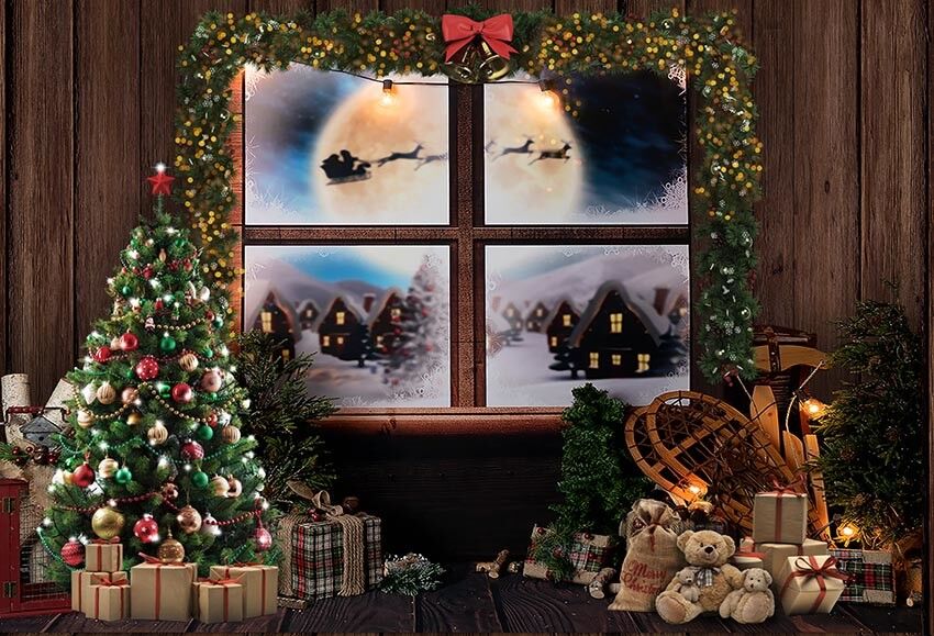 Sfondo Dell'Albero Di Natale Decorato Con Regali Casa In Legno G-1439