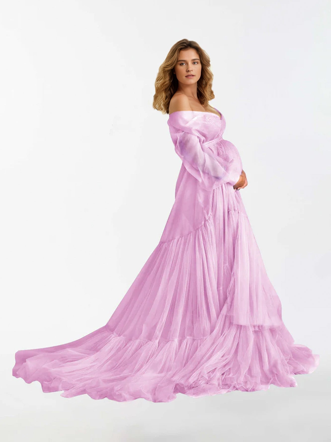 Abito Premaman A Maniche Lunghe Con Volant E Scollo A V Per Fotografia RB3