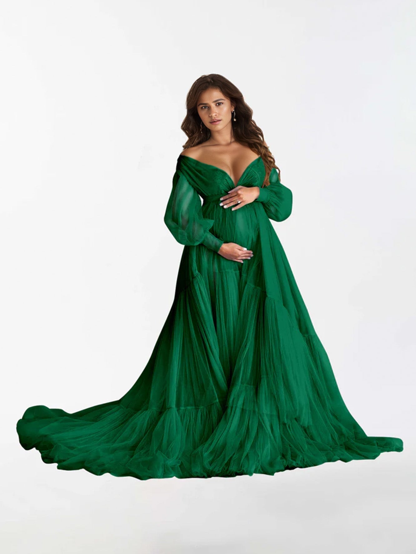 Abito Premaman A Maniche Lunghe Con Volant E Scollo A V Per Fotografia RB3