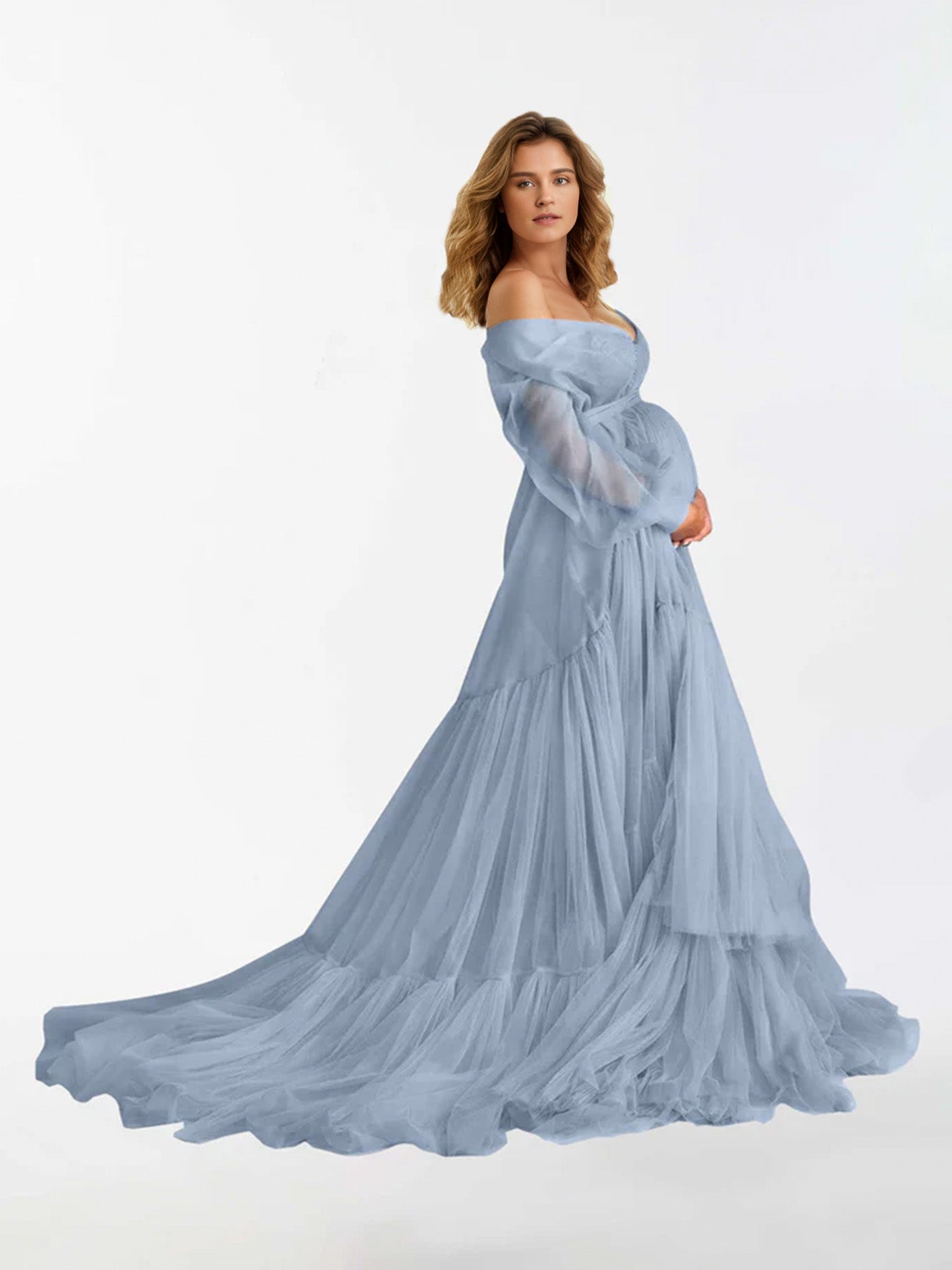 Abito Premaman A Maniche Lunghe Con Volant E Scollo A V Per Fotografia RB3