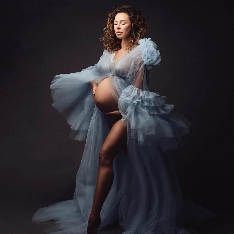 Splendido Abito Fotografico Premaman In Tulle Con Maniche A Principessa E Scollo A V RB15