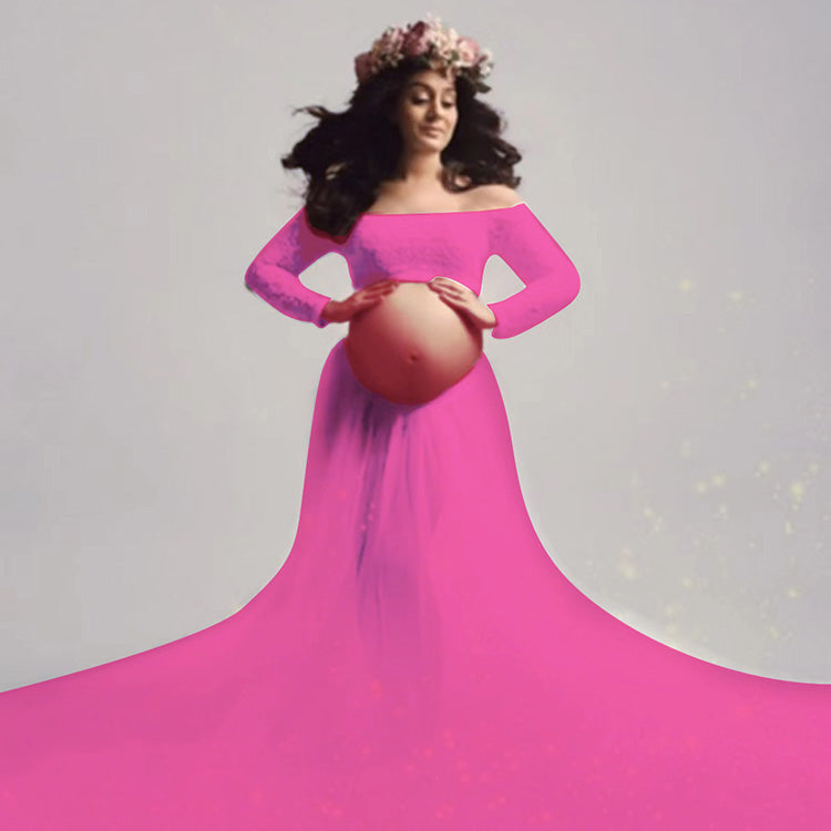 Abito Fotografico Premaman In Rete Di Pizzo A Maniche Lunghe RB8