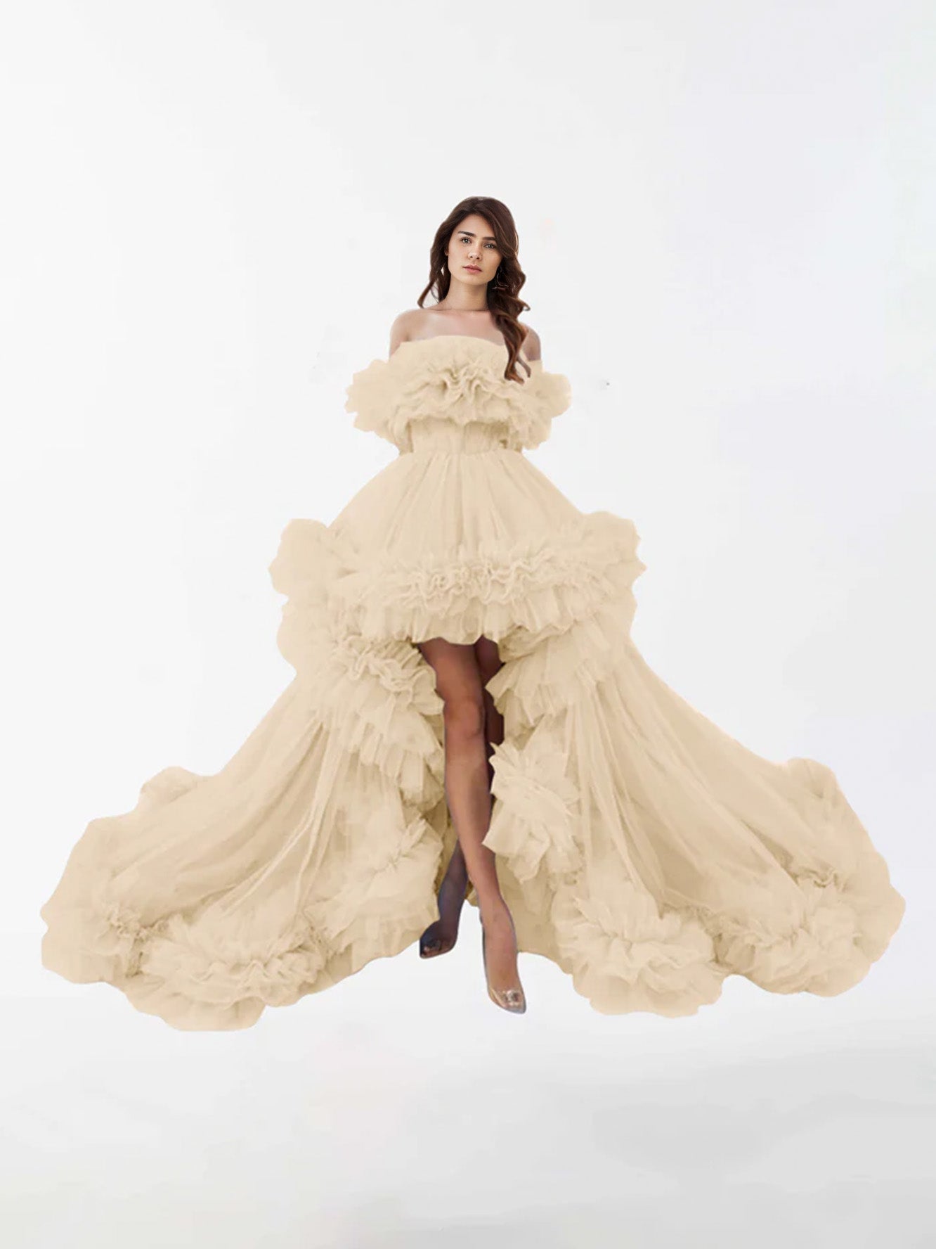 Abito Premaman In Tulle Con Volant Alto E Basso Con Strascico A Spazzola RB6