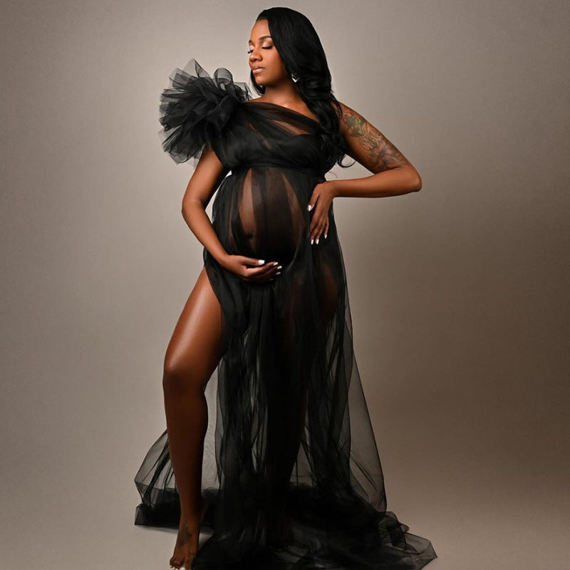 Abito Fotografico Premaman Monospalla In Tulle Floreale Diviso RB13