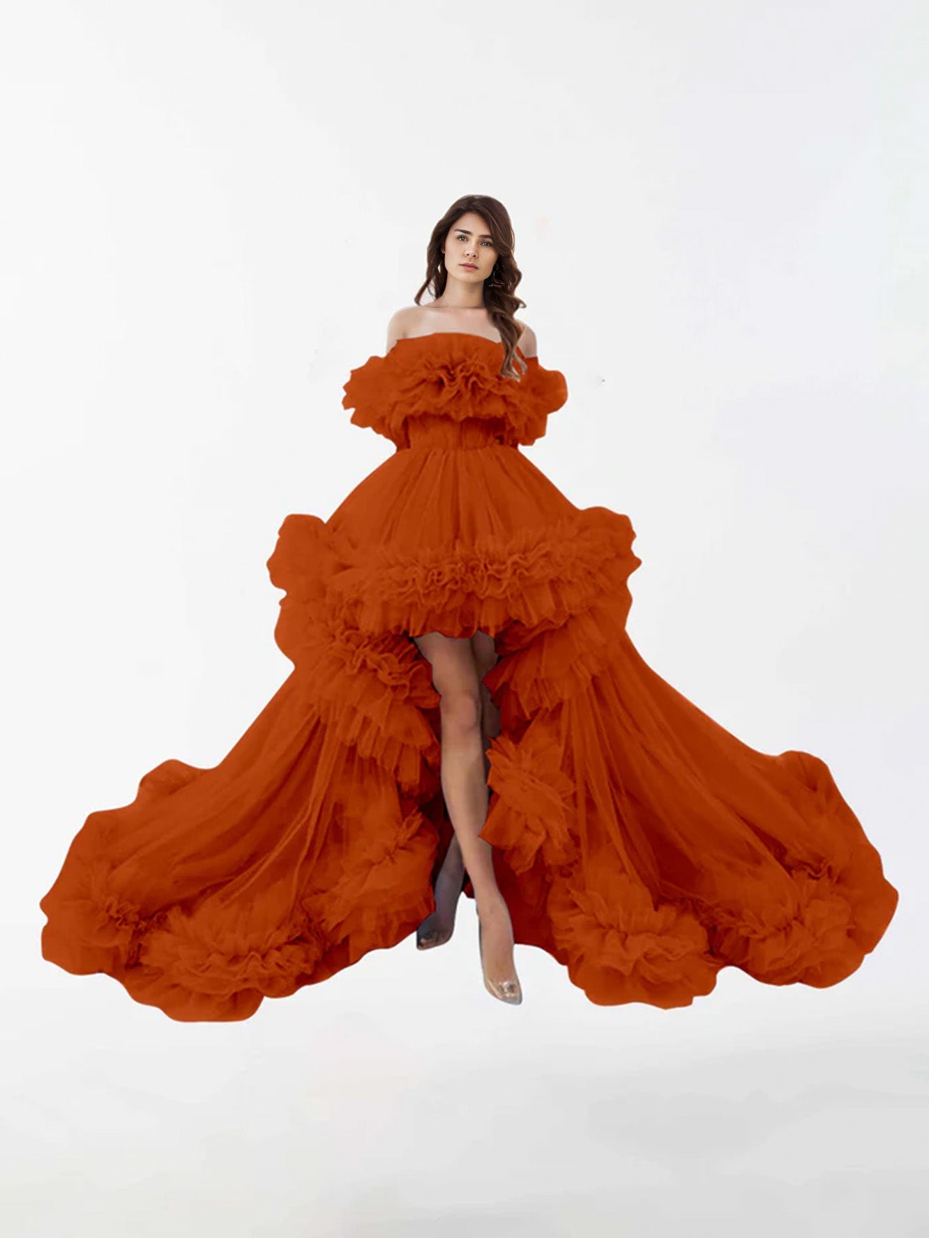 Abito Premaman In Tulle Con Volant Alto E Basso Con Strascico A Spazzola RB6