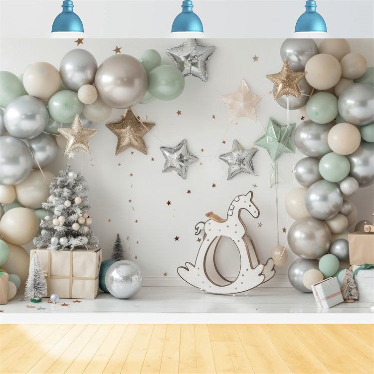 Sfondo Botanico Con Cavallo A Dondolo Con Palloncino A Forma Di Stella D'Argento BRP10-112