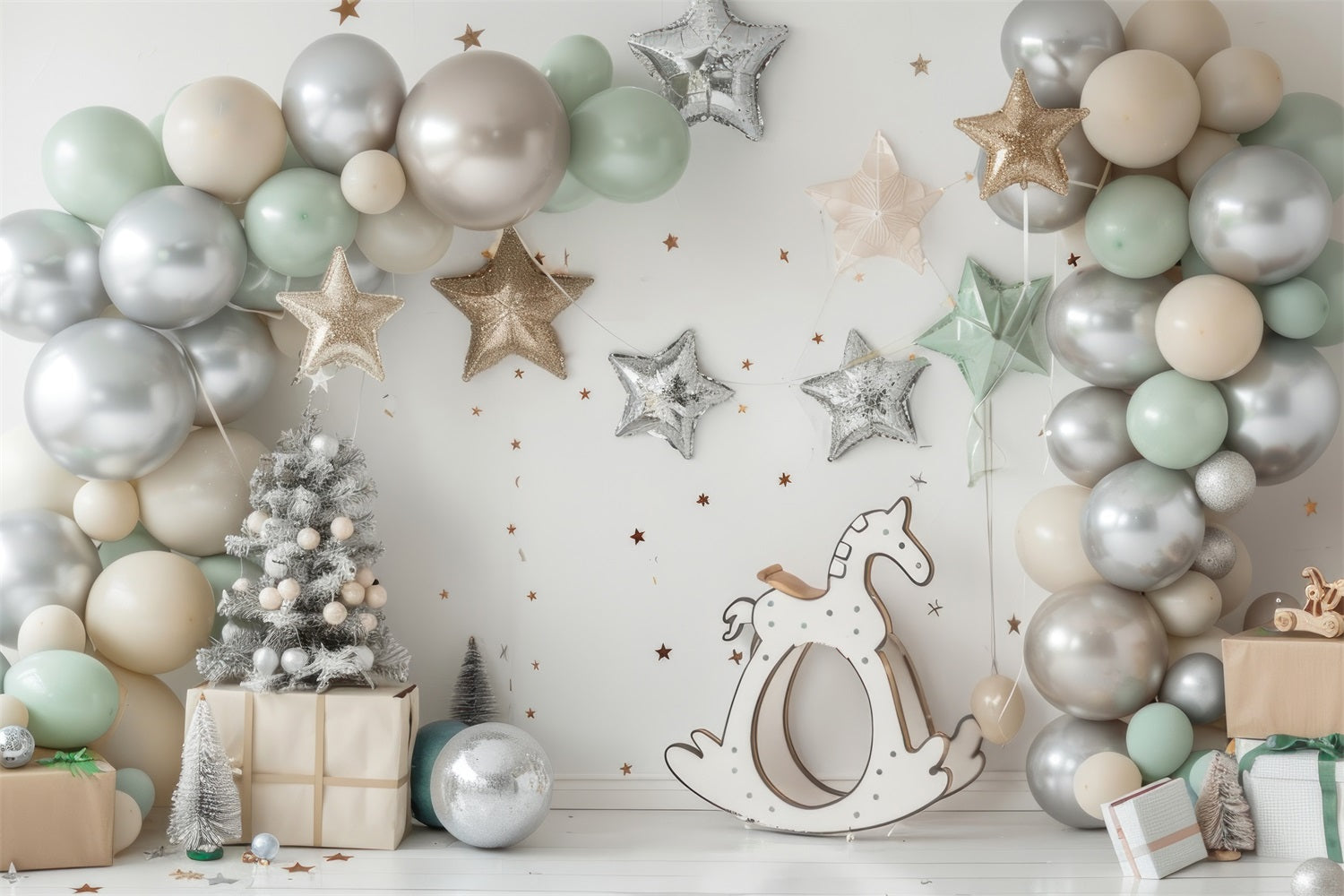 Sfondo Botanico Con Cavallo A Dondolo Con Palloncino A Forma Di Stella D'Argento BRP10-112