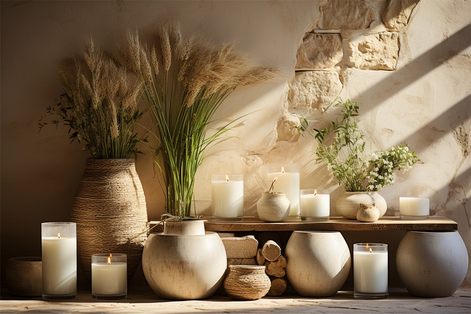 Disposizione Delle Candele In Vaso Terroso Sfondo Boho BRP10-122
