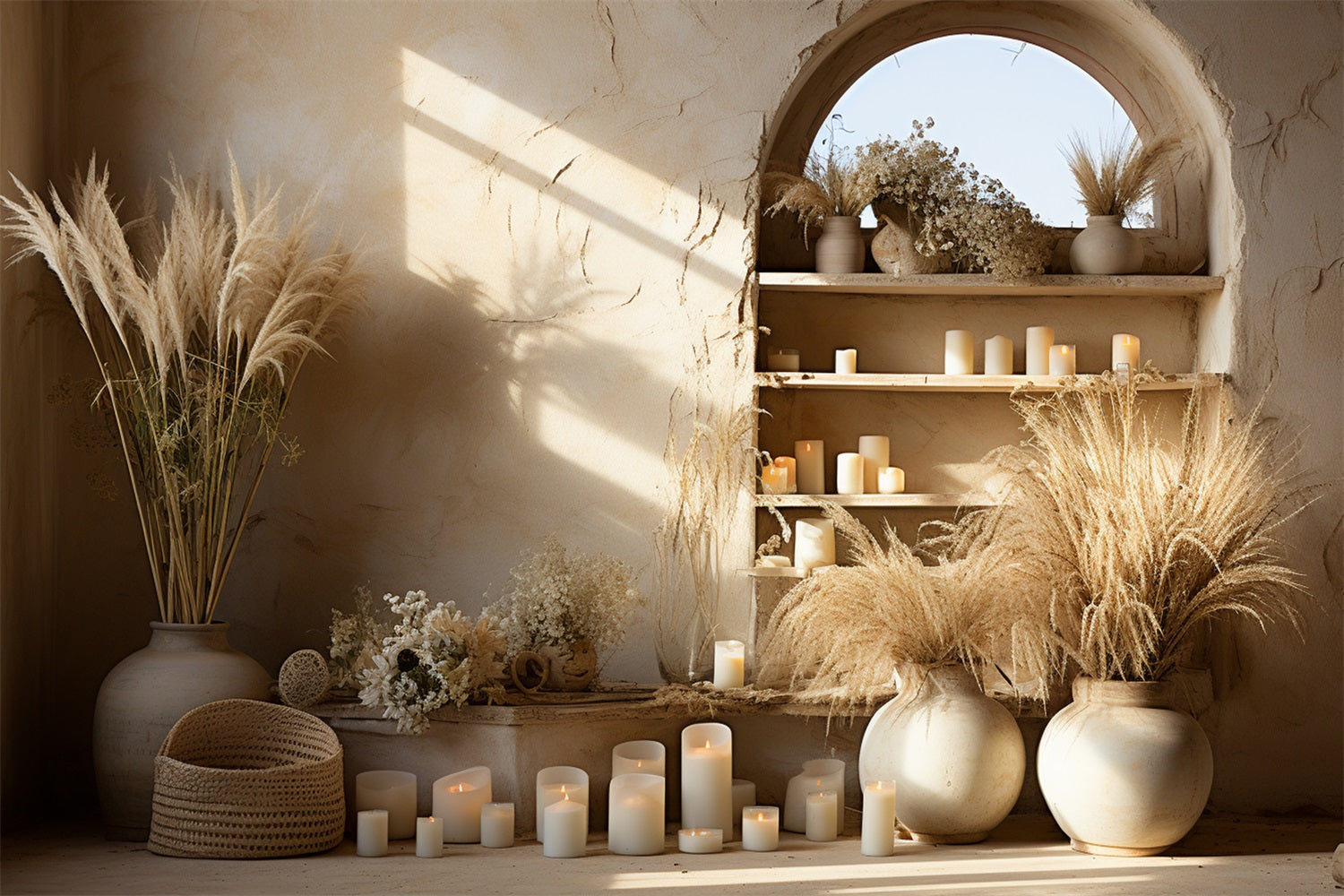 Elegante Fondale In Erba Boho Pampas A Lume Di Candela BRP10-125