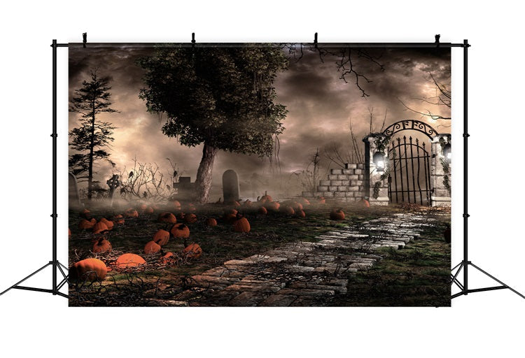 Sfondo Di Halloween Fotografia Spooky Graveyard Zucche Nebbia Sfondo BRP10-174
