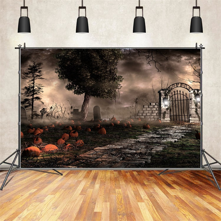 Sfondo Di Halloween Fotografia Spooky Graveyard Zucche Nebbia Sfondo BRP10-174