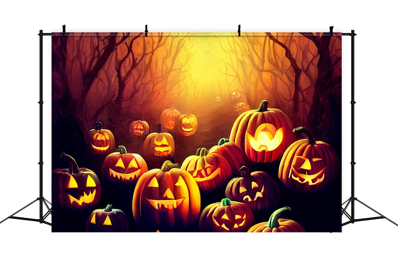 Idee Per Lo Sfondo Di Halloween Sfondo Di Zucche Con Sentiero Nel Bosco Raccapricciante BRP10-179