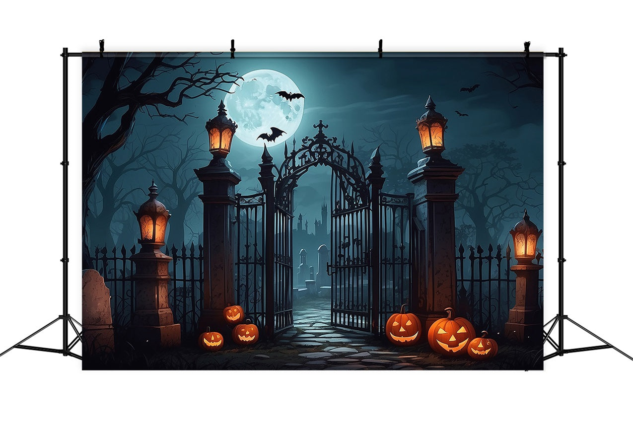 Sfondo Halloween Cimitero Ingresso Pipistrelli Lanterne Sfondo BRP10-190