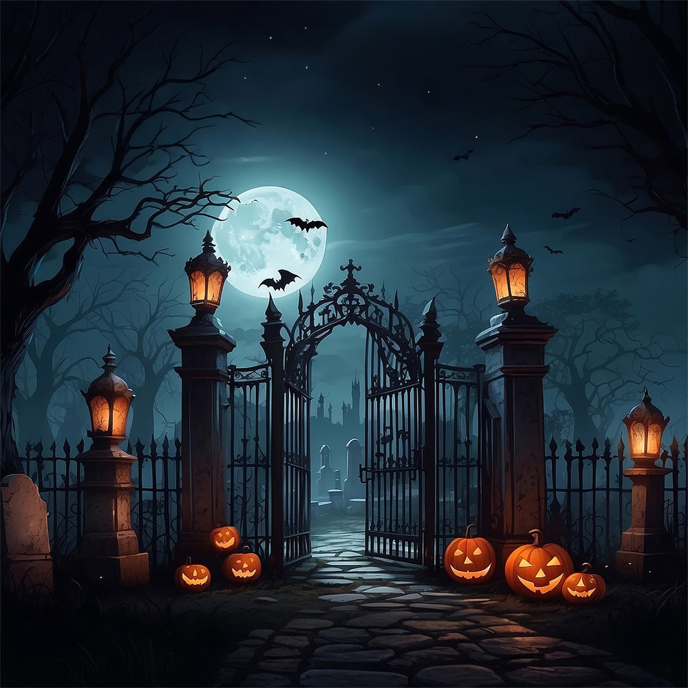 Sfondo Halloween Cimitero Ingresso Pipistrelli Lanterne Sfondo BRP10-190