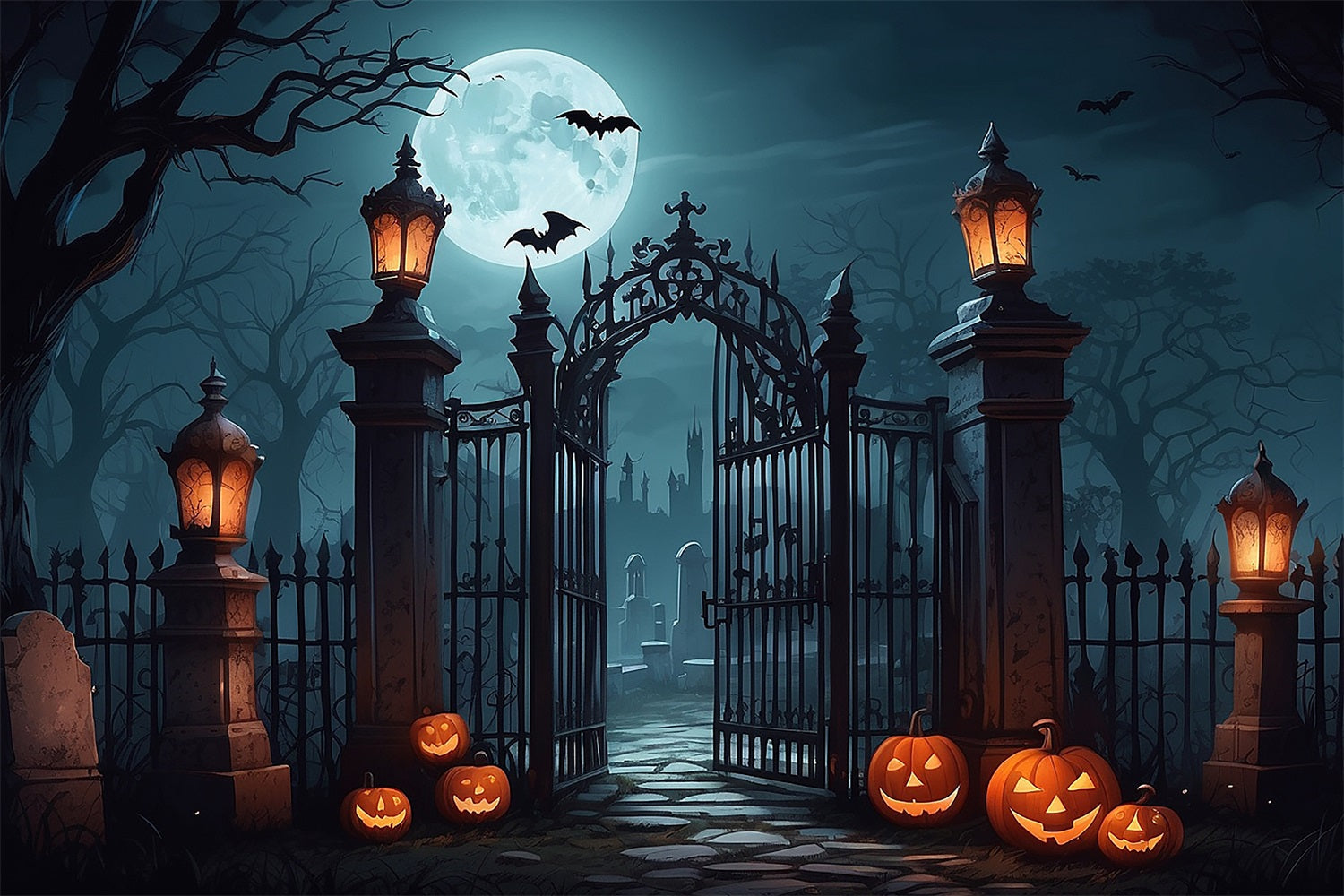 Sfondo Halloween Cimitero Ingresso Pipistrelli Lanterne Sfondo BRP10-190