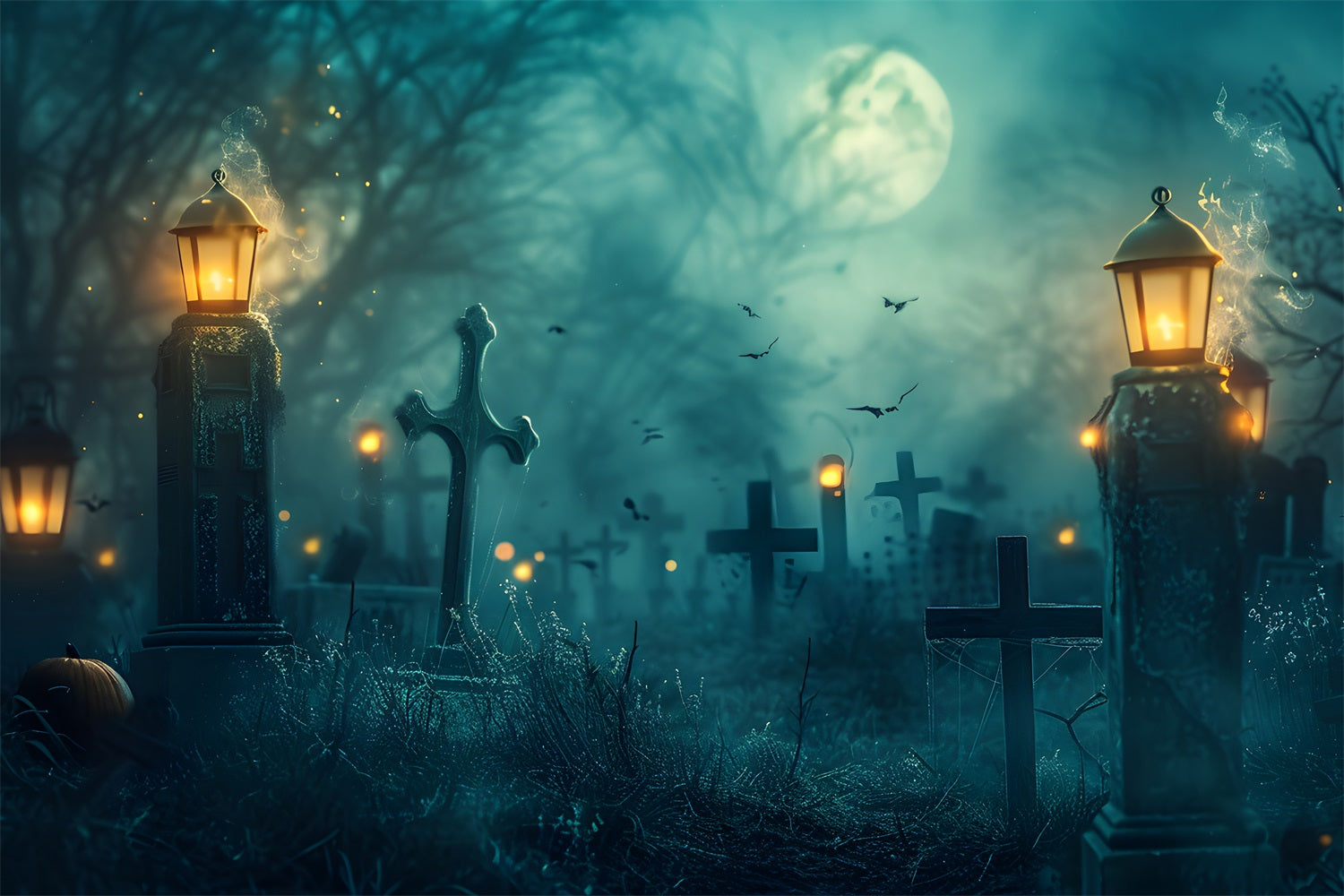 Idee Per Lo Sfondo Di Halloween Pipistrelli Del Cimitero Lanterne Luci Sfondo BRP10-192