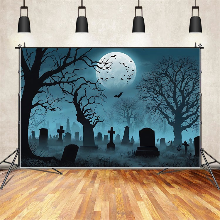 Idee Per Lo Sfondo Di Halloween Cimitero Nebbioso Alberi Scuri Sfondo Lunare BRP10-193