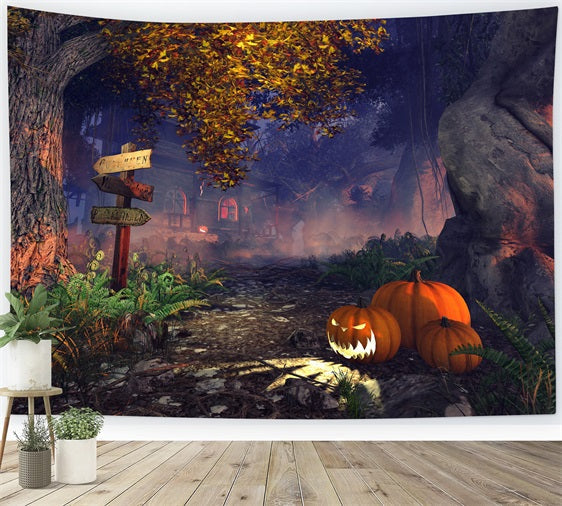 Sfondo Di Casa Stregata Di Halloween Sfondo Di Zucche Di Foresta Nebbiosa BRP10-207