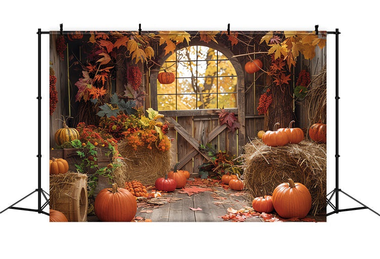 Sfondo Rustico Autunnale Con Zucche In Fienile E Pagliaio BRP10-255