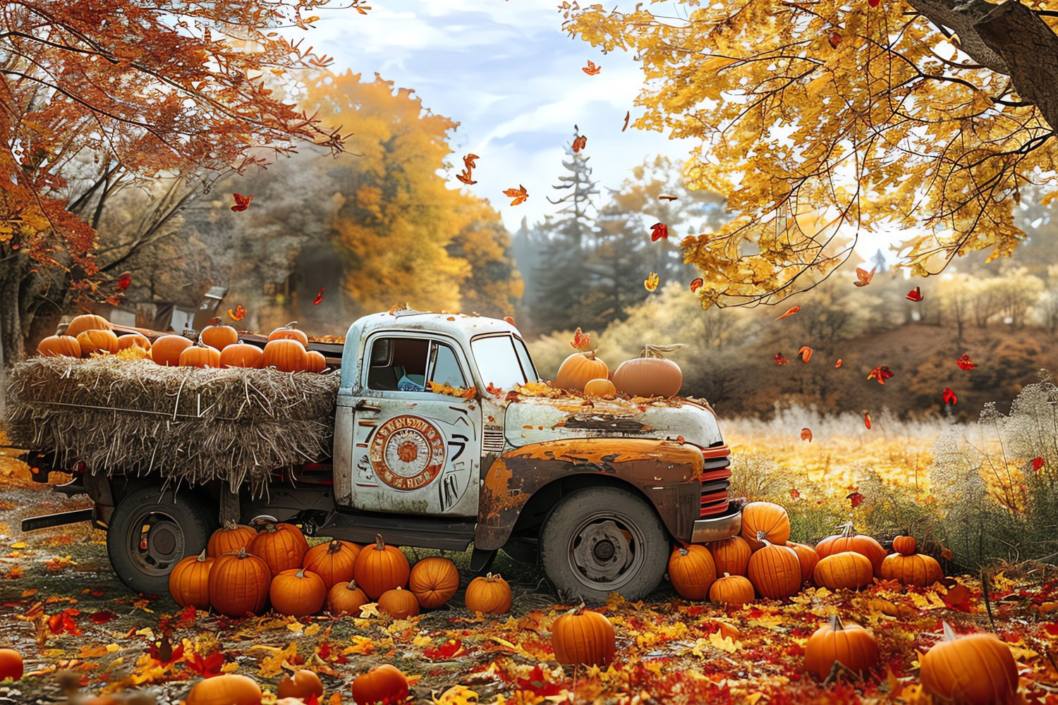Sfondo Autunnale Per Cabina Fotografica Camion Raccolto Zucche Sfondo BRP10-259