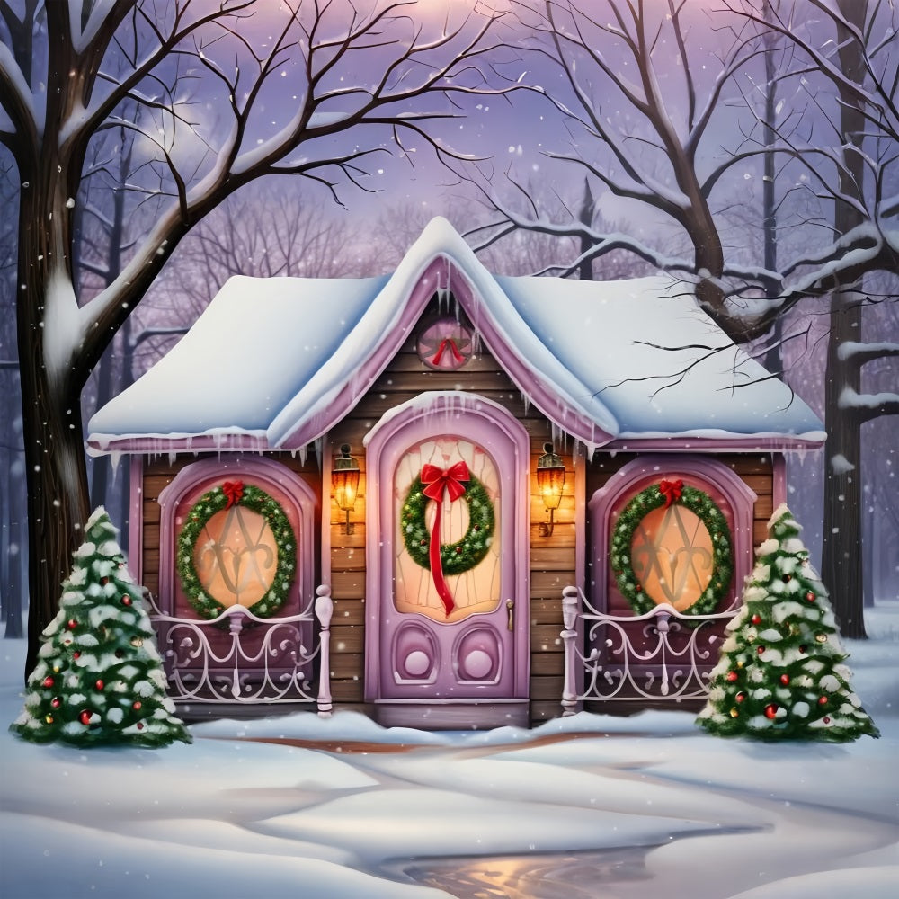 Magico Cottage Viola Invernale Circondato Da Uno Sfondo Di Neve BRP10-29
