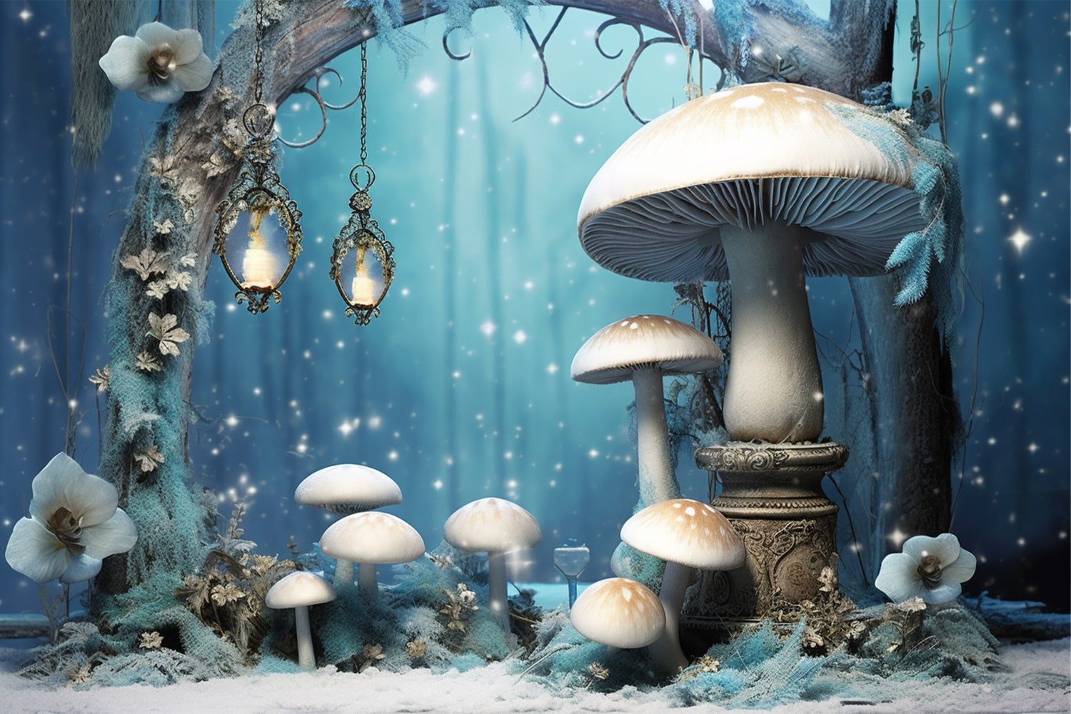Sfondo Fotografico Con Funghi Luminosi Della Foresta Incantata Invernale BRP10-32