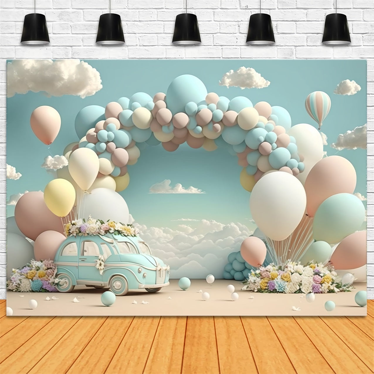 Sfondo Per Il Compleanno Sfondo Di Nuvole Di Palloncini Per Auto D'Epoca BRP10-341