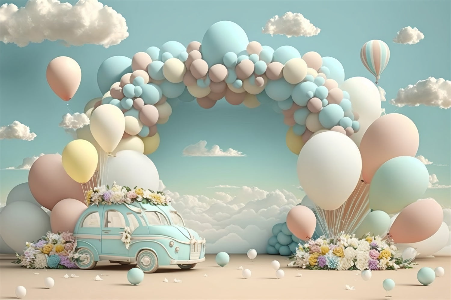 Sfondo Per Il Compleanno Sfondo Di Nuvole Di Palloncini Per Auto D'Epoca BRP10-341