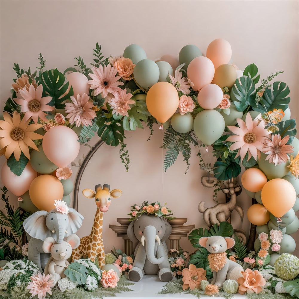 Sfondo Per Cabina Fotografica Compleanno Con Palloncino A Tema Giungla Con Animali BRP10-362