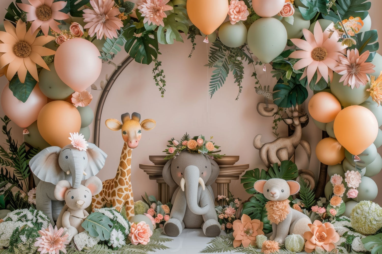 Sfondo Per Cabina Fotografica Compleanno Con Palloncino A Tema Giungla Con Animali BRP10-362