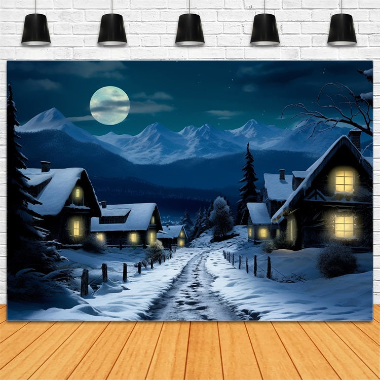 Sfondo Della Luna Piena Del Villaggio Innevato Invernale BRP10-38