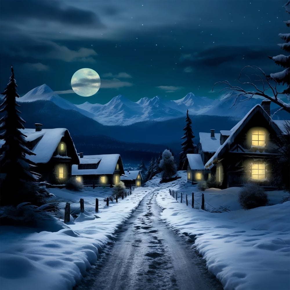 Sfondo Della Luna Piena Del Villaggio Innevato Invernale BRP10-38