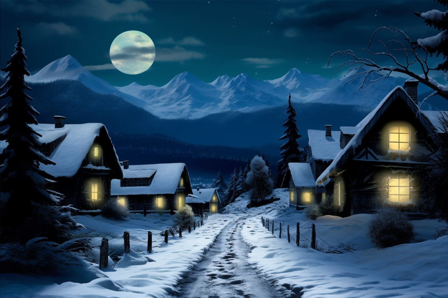 Sfondo Della Luna Piena Del Villaggio Innevato Invernale BRP10-38