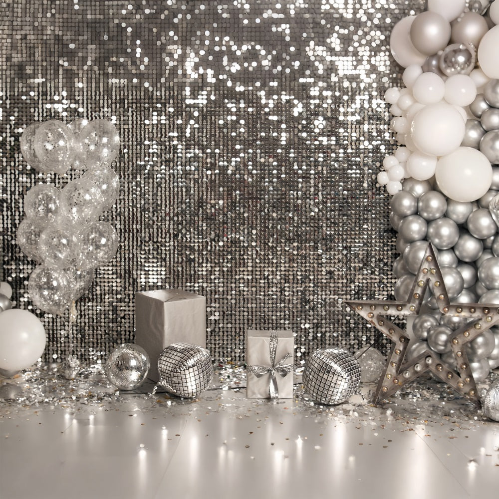 Sfondo Di Palloncini Di Compleanno Sfondo Di Stelle Con Bouquet D'Argento BRP10-384