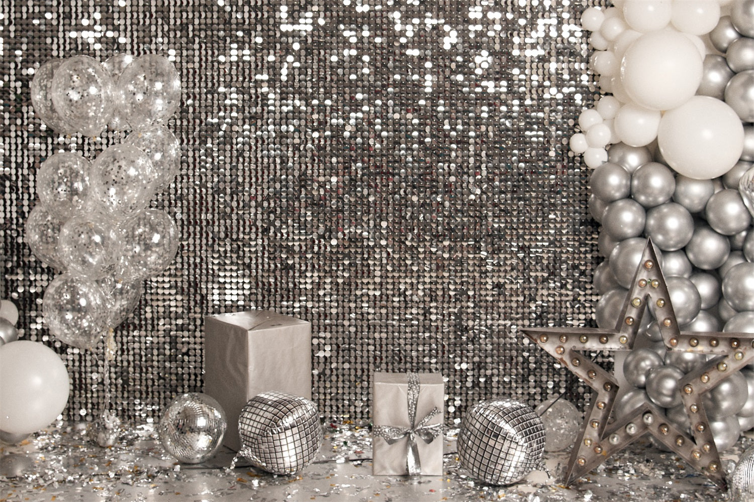 Sfondo Di Palloncini Di Compleanno Sfondo Di Stelle Con Bouquet D'Argento BRP10-384