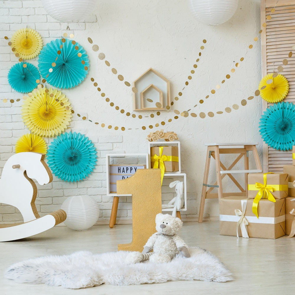 Sfondo Di Buon Primo Compleanno Con Cavallo A Dondolo Sfondo BRP10-386