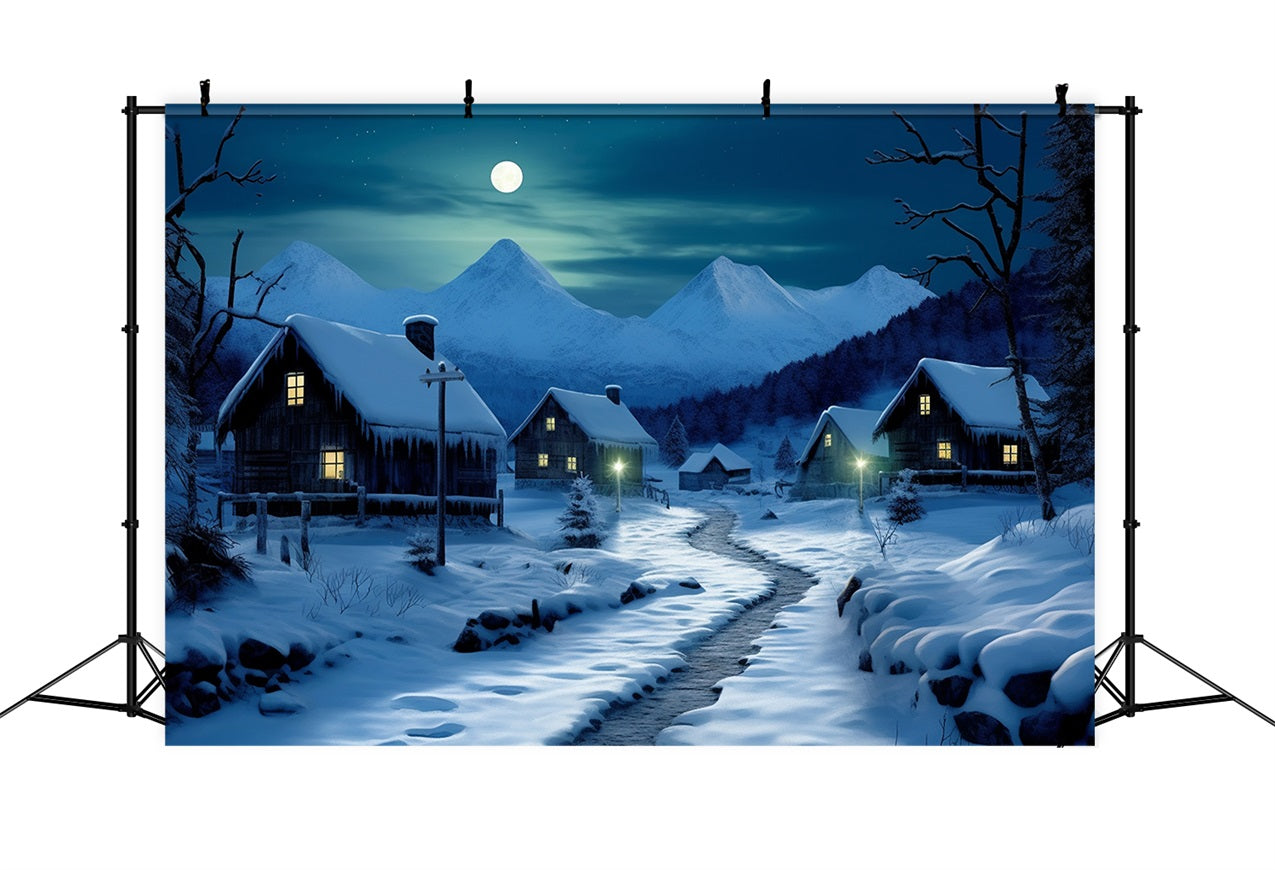Sfondo Di Accoglienti Cottage Innevati Con Strada Al Chiaro Di Luna Invernale BRP10-39