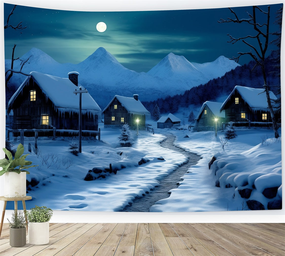 Sfondo Di Accoglienti Cottage Innevati Con Strada Al Chiaro Di Luna Invernale BRP10-39