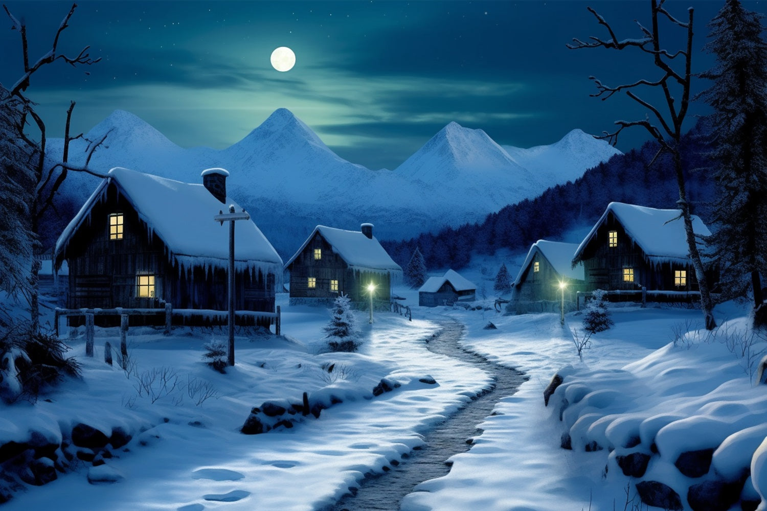 Sfondo Di Accoglienti Cottage Innevati Con Strada Al Chiaro Di Luna Invernale BRP10-39