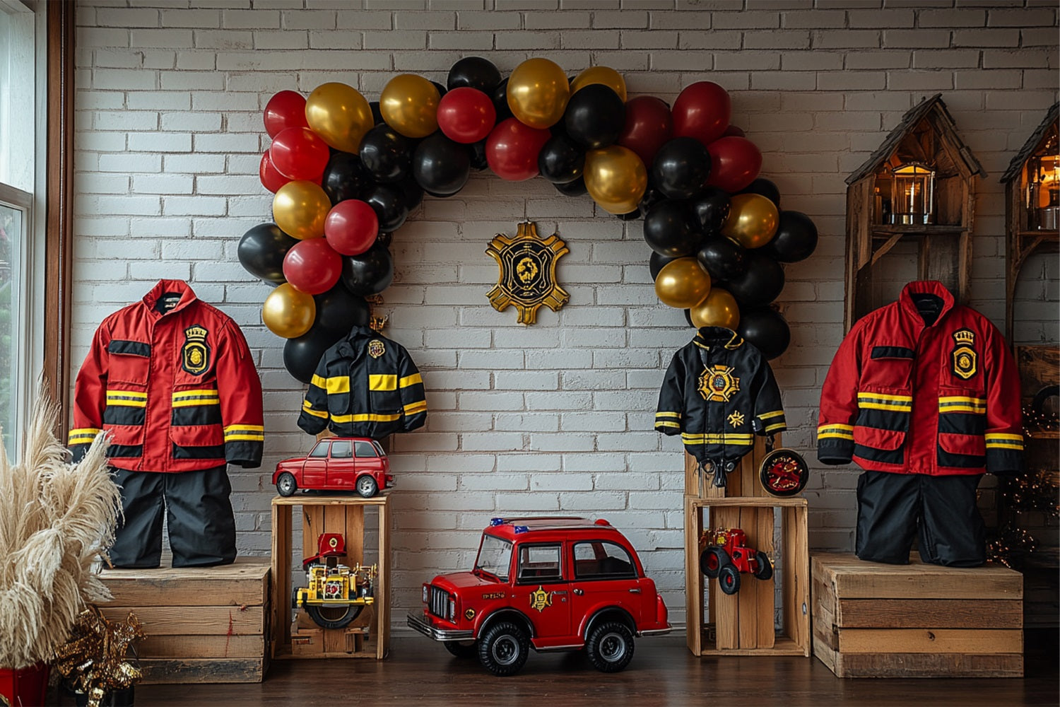 Sfondo Festa Di Compleanno Uniformi Da Vigile Del Fuoco Palloncini Sfondo Camion BRP10-403