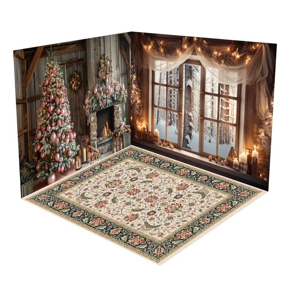 Set Per Camera Con Sfondo Per Finestra Con Albero Rosa Per Caminetto Di Natale BRP10-408
