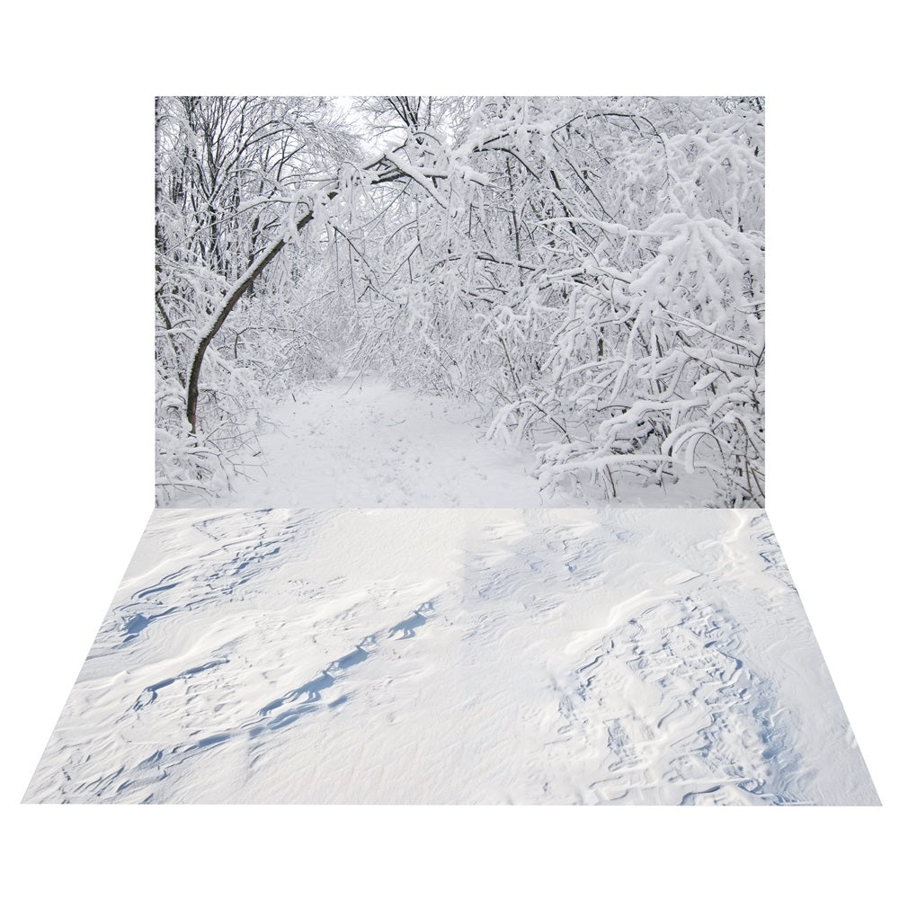 Sfondo Della Foresta Invernale Innevata+Sfondo Del Pavimento Con Impronte Di Neve BRP10-461