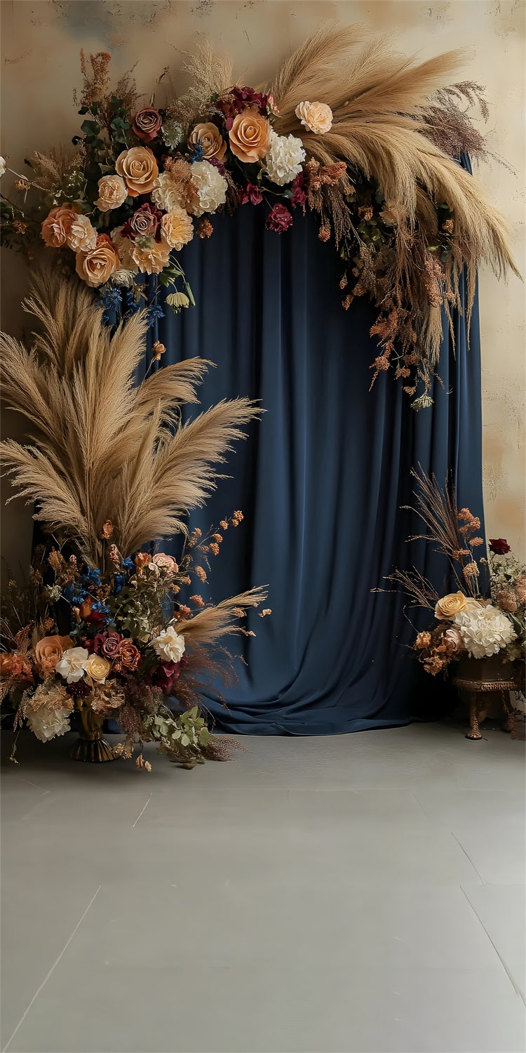 Fondale Per Tende Blu Con Fiori Di Pampa Bohemian Sweep BRP10-570