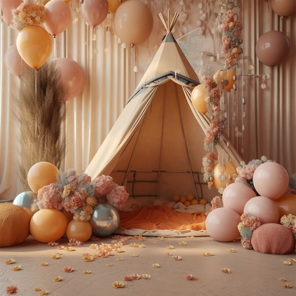 Fondali Per Feste Bohemien Sfondo Per Teepee Floreale Con Palloncini BRP10-599