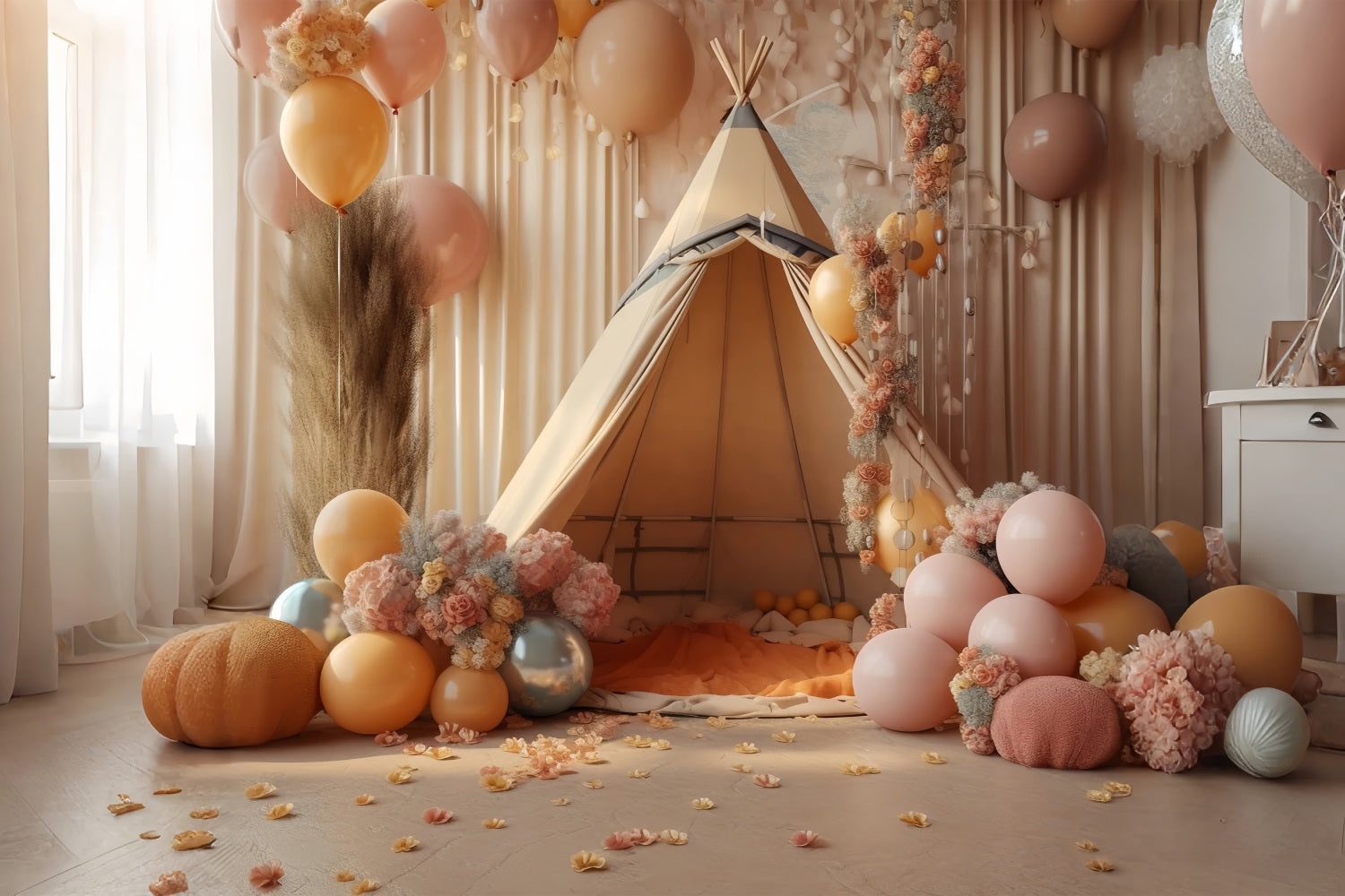 Fondali Per Feste Bohemien Sfondo Per Teepee Floreale Con Palloncini BRP10-599
