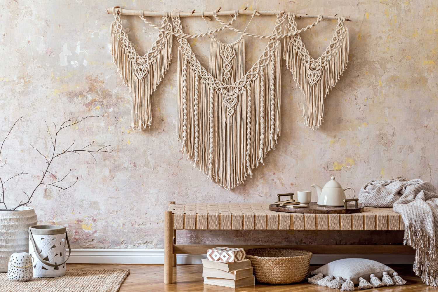 Sfondo Bohemien Con Decorazioni In Macrame Appeso A Parete BRP10-608