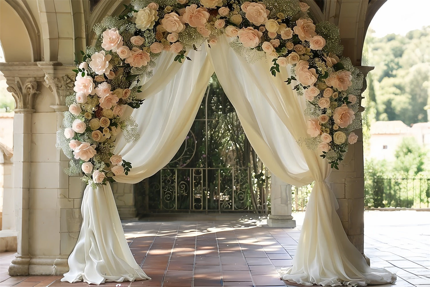 Sfondo Di Tende Bianche Con Arco Floreale Bohemien BRP10-80