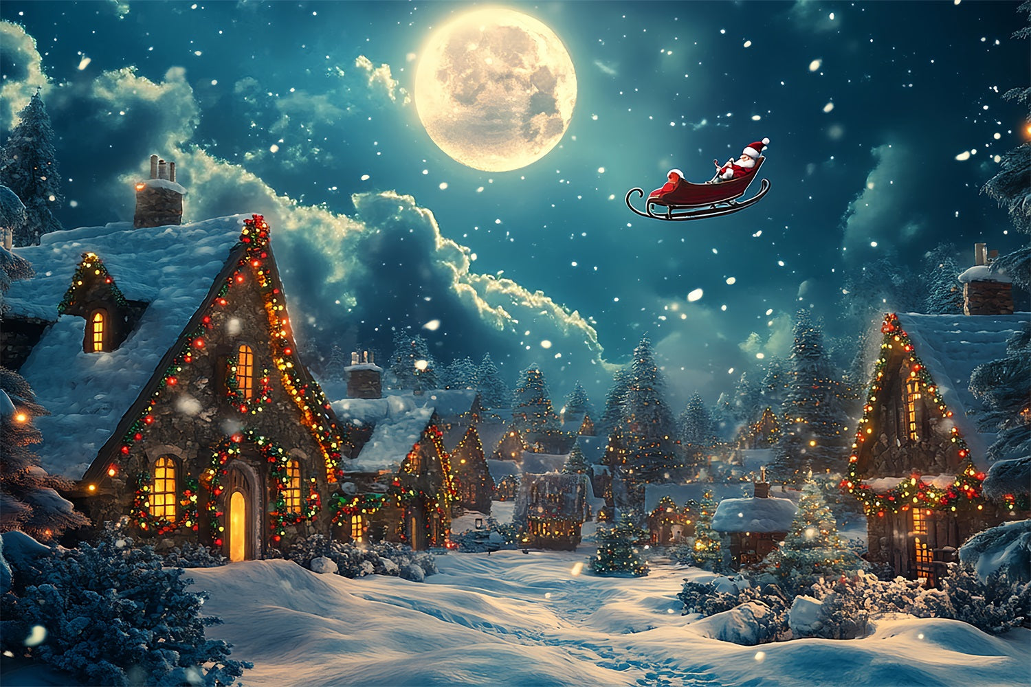 Sfondo Del Villaggio Di Natale Sfondo Volante Della Slitta Di Babbo Natale BRP11-123