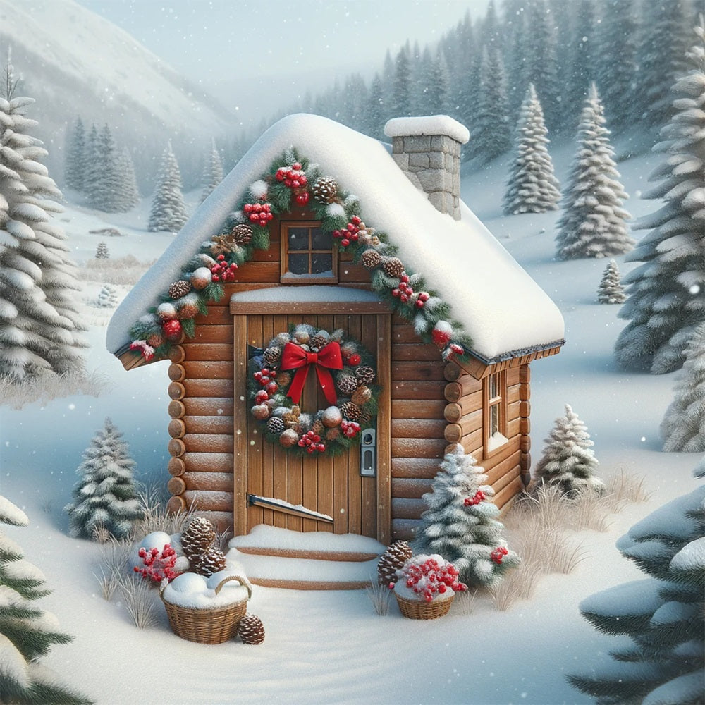 Sfondo Natale Cabina Spolverata Di Neve Sfondo Con Ghirlanda Vibrante BRP11-157